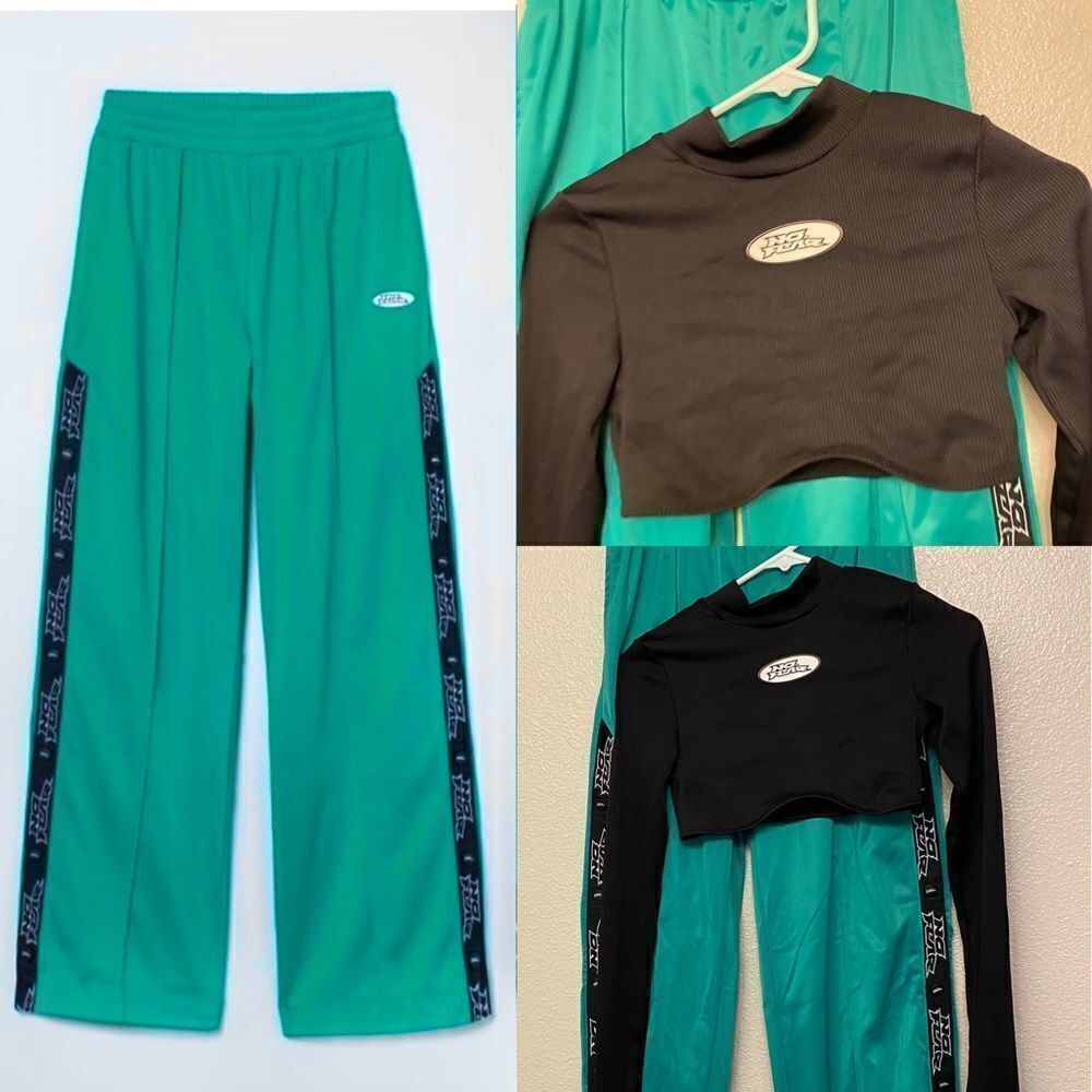 No Fear x H&M Kelly green teal wide leg breakaway snap pants crop top Y2K XS/S